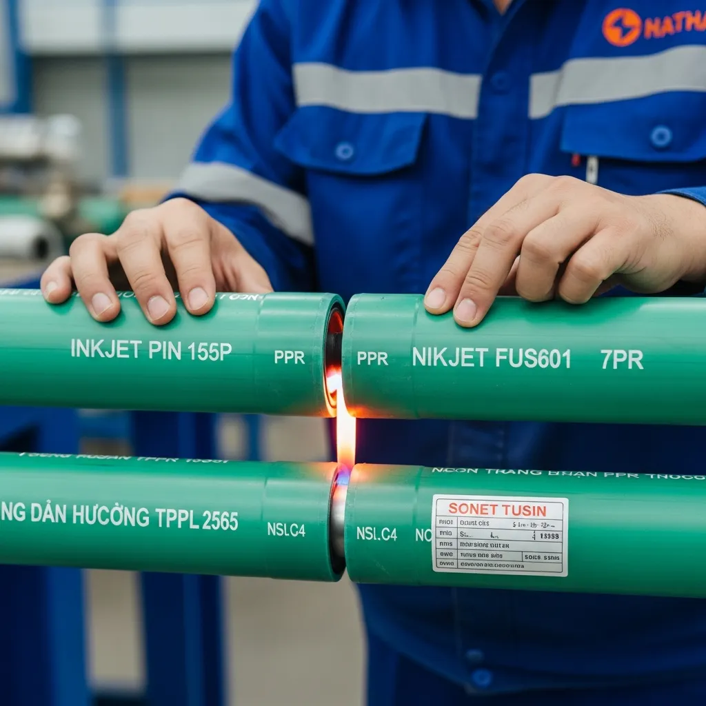 Kỹ thuật viên kiểm tra thông số kỹ thuật và thực hiện quy trình hàn nhiệt ống nước đúng chuẩn