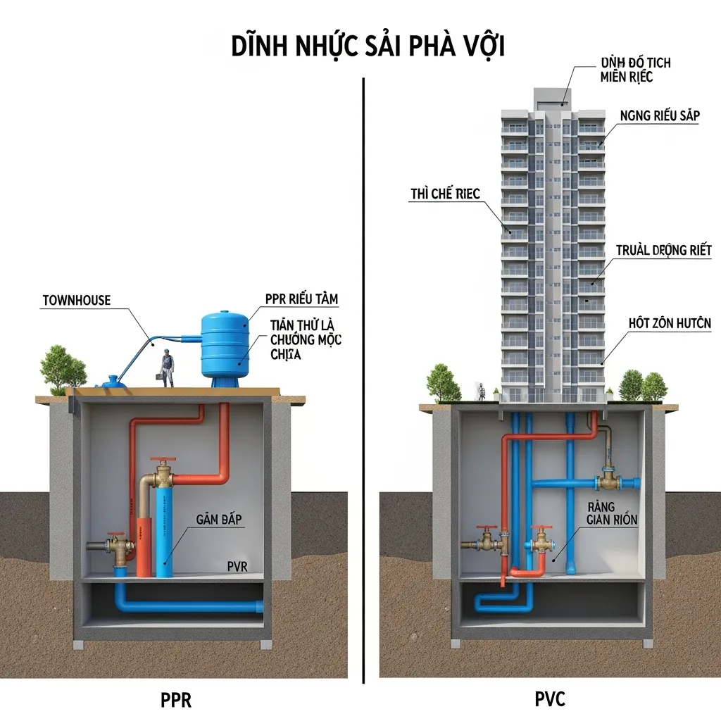 Sơ đồ so sánh hệ thống đường ống nước giữa nhà phố và căn hộ chung cư cao tầng.